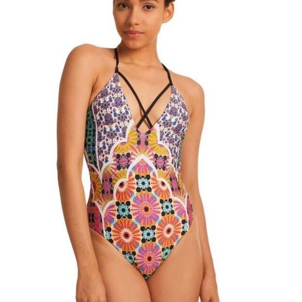 NWT Trina Turk Women's Golden Medallion Plunge One Piece Swimsuit 12
